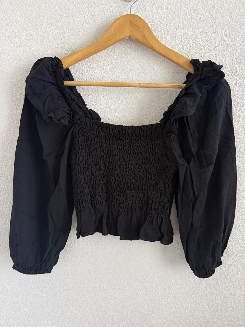 Zara Black Smocked Puff-Sleeve Crop Top Women's XS